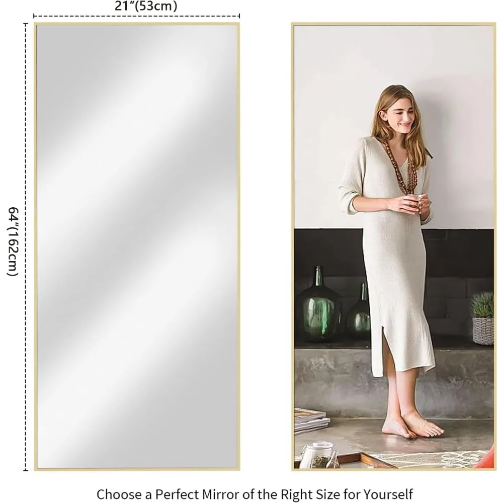 Ganzkörperspiegel mit Aluminiumrahmen und Ständer, 64 x 21, lehnend oder hängend, Ganzkörperspiegel für den Heimgebrauch