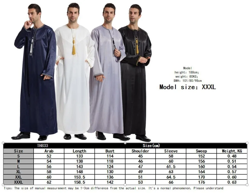 Vestido Jubba Thobe muçulmano para homens, Abaya Tradicional, Oriente Médio Kaftan, Vestuário Islã, Eid, Turquia, Árabe, Dubai, Arábia Saudita