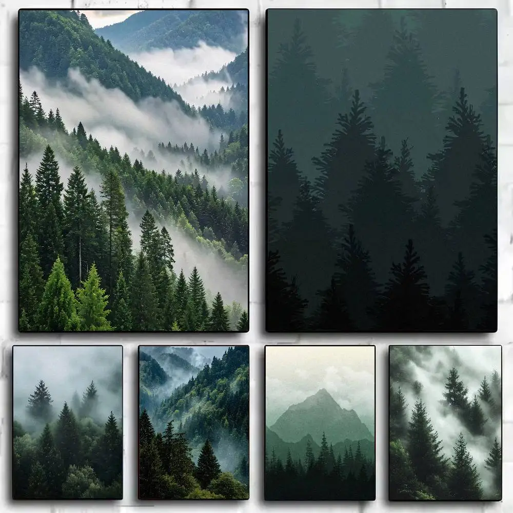 Nature Foggy Mountain Forest Wall Art Poster Green Pine Trees Misty Valley Scenery Minimalist Landscape Apartment Wall Decor