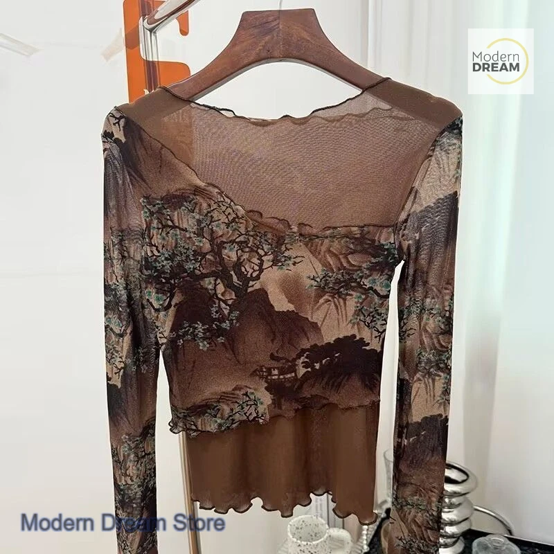 French word collar retro printed mesh stitching bottoming shirt women's spring and summer new fashionable long-sleeved tops