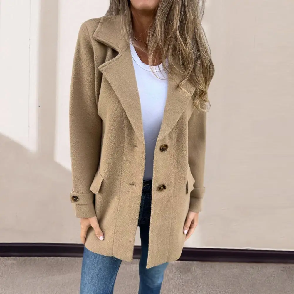 Women Jacket Solid Color Jacket Stylish Mid-length Women's Jacket with Turn-down Collar Single-breasted for Fall for Commuting