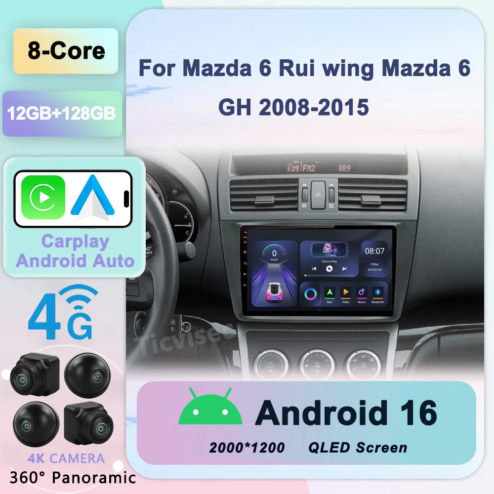 

12+128GB 2 din Android 16 Carplay GPS Car Radio for Mazda 6 Rui wing Mazda 6 GH 2008-2015 AutoRadio Multimedia Video Player