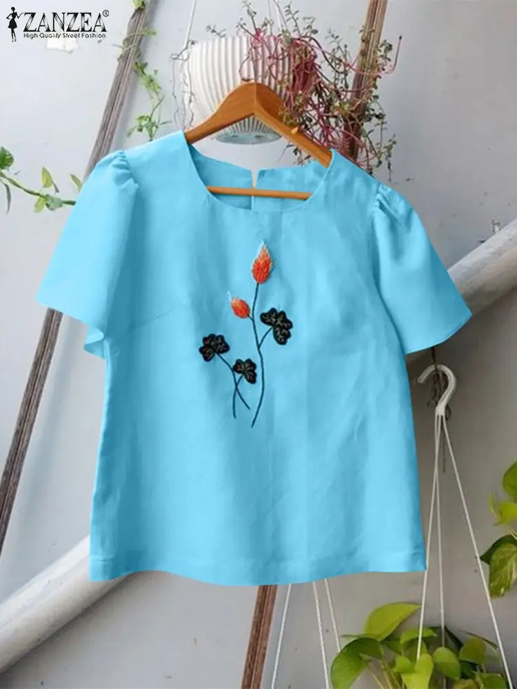 ZANZEA Women Casual Everyday Blouses Fashion Floral Embroidery Short Puff Sleeve O Neck Blusas 2024 Summer Holiday Commute Tops