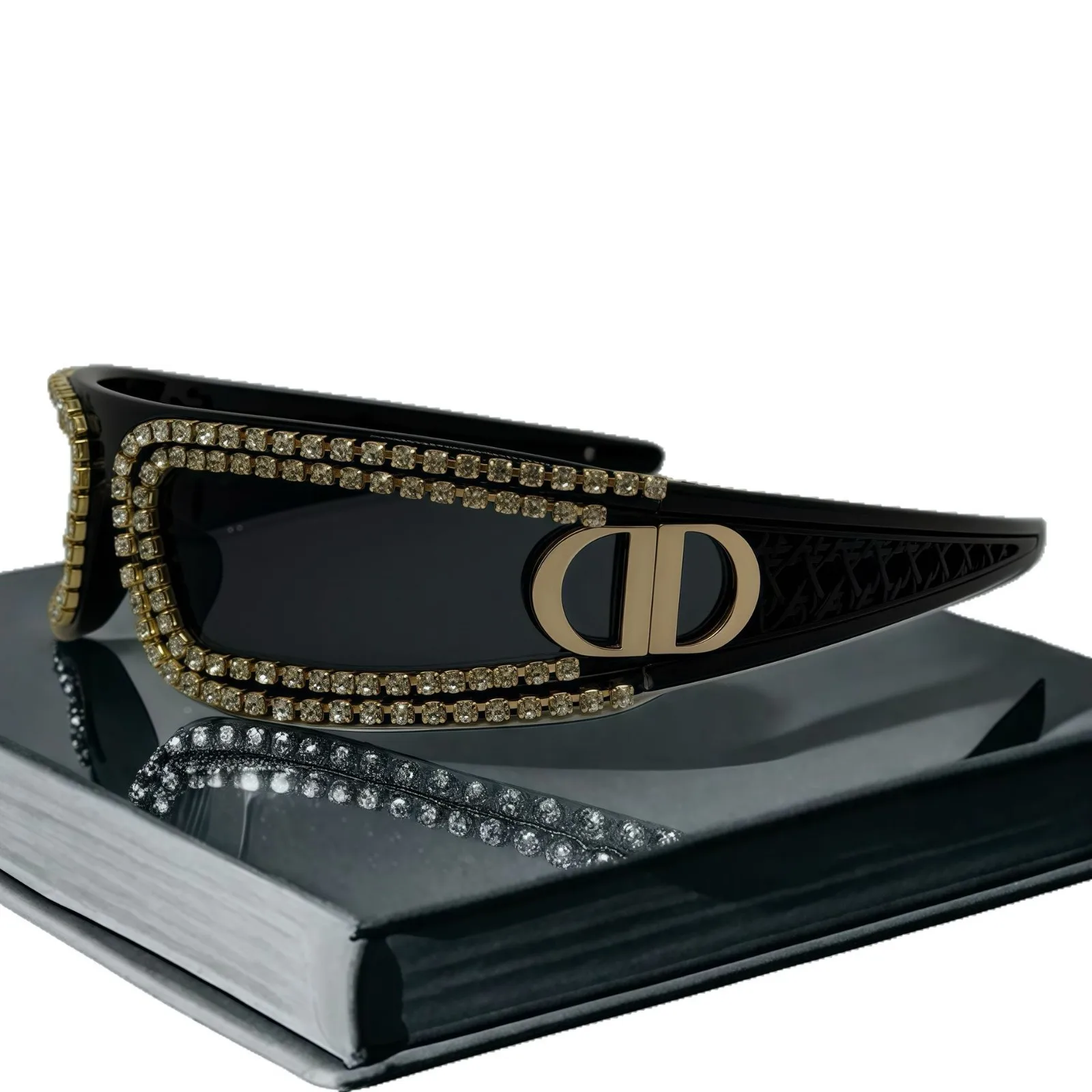 Óculos de sol anexados com faixa de cabeça de hip hop com strass de cristal estilo de tecnologia futurista para mulheres moda festa óculos novidade