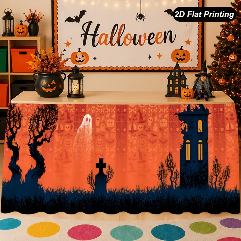 One-piece 2D flat Halloween tablecloth - Haunted house and cemetery table skirt