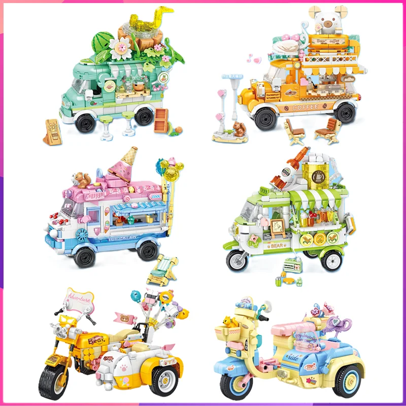 

Food Truck Building Blocks Tricycle Streetscape Desktop Decoration Puzzle Assembling Model Toy Birthday Gifts for Boys and Girls