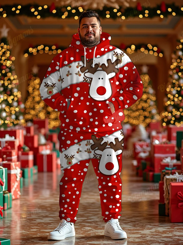 Biggmans Merry Christmas Santa Print Outfits Mens Snowflake Party Club Hoodies Long Pants Set Male Loose Plus Size Two Piece Set