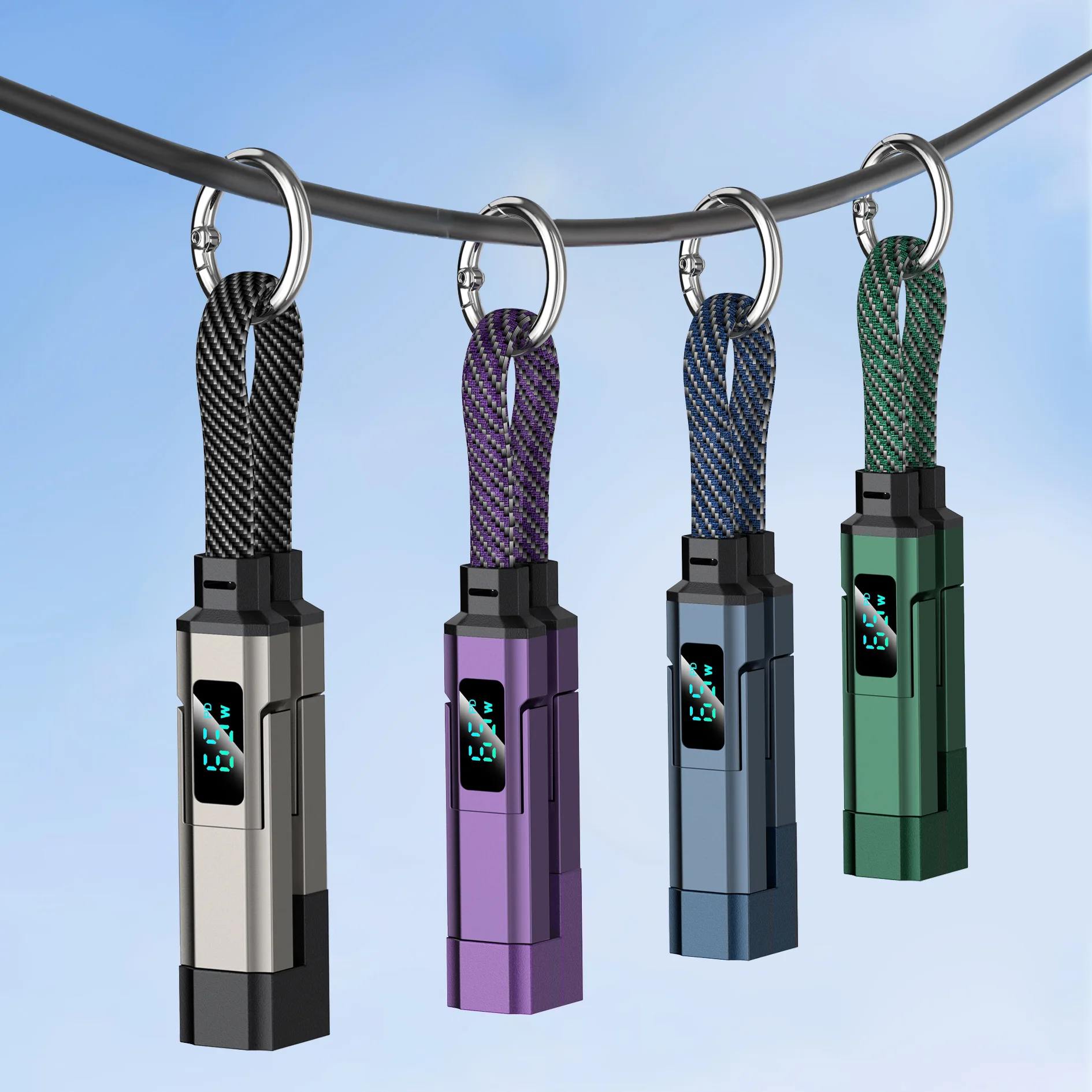 Câble de charge porte-clés 4 en 1 avec affichage numérique LED, chargeur porte-clés 65W à charge rapide, câble de charge porte-clés tressé en nylon pour les voyages