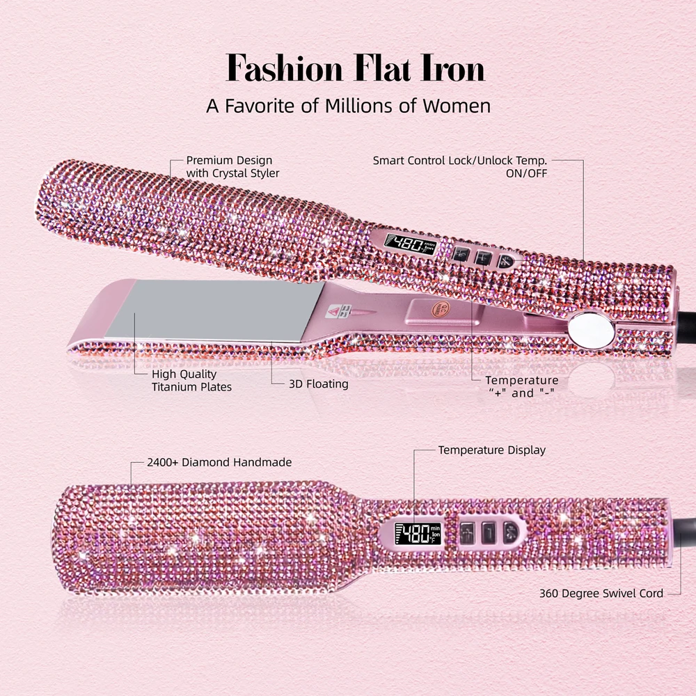 Rhinestones Flat Iron Professional Hair Straightener Curler Hand Made Crystal Diamond With LCD Display Titanium Wide Plate Irons image 6