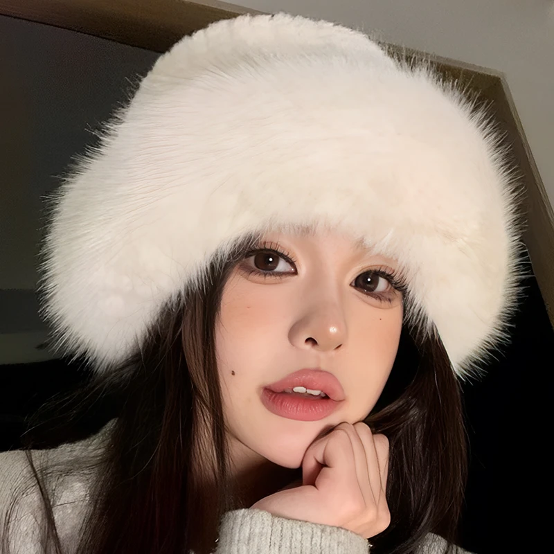 

Thicken Plush Mongolian Hat Women Winter Thermal Fluffy Faux Fur Bucket Hats Girls Mink Fur Furry Panama Fisherman Caps Beanies