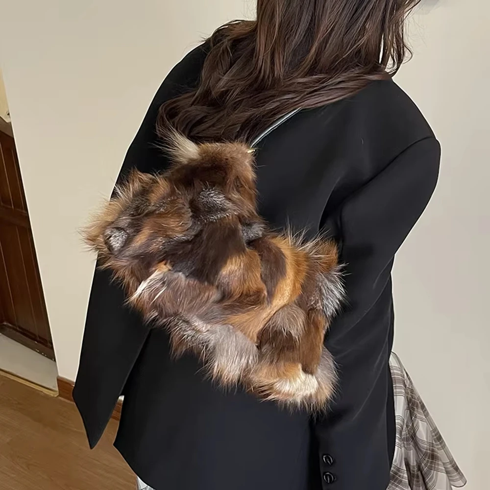 Winter Warm Fox Fur Shoulder Hobo Bags For Women Latest Luxury Designer Purses And Handbags Elegant Evening Bag For Dinner Party