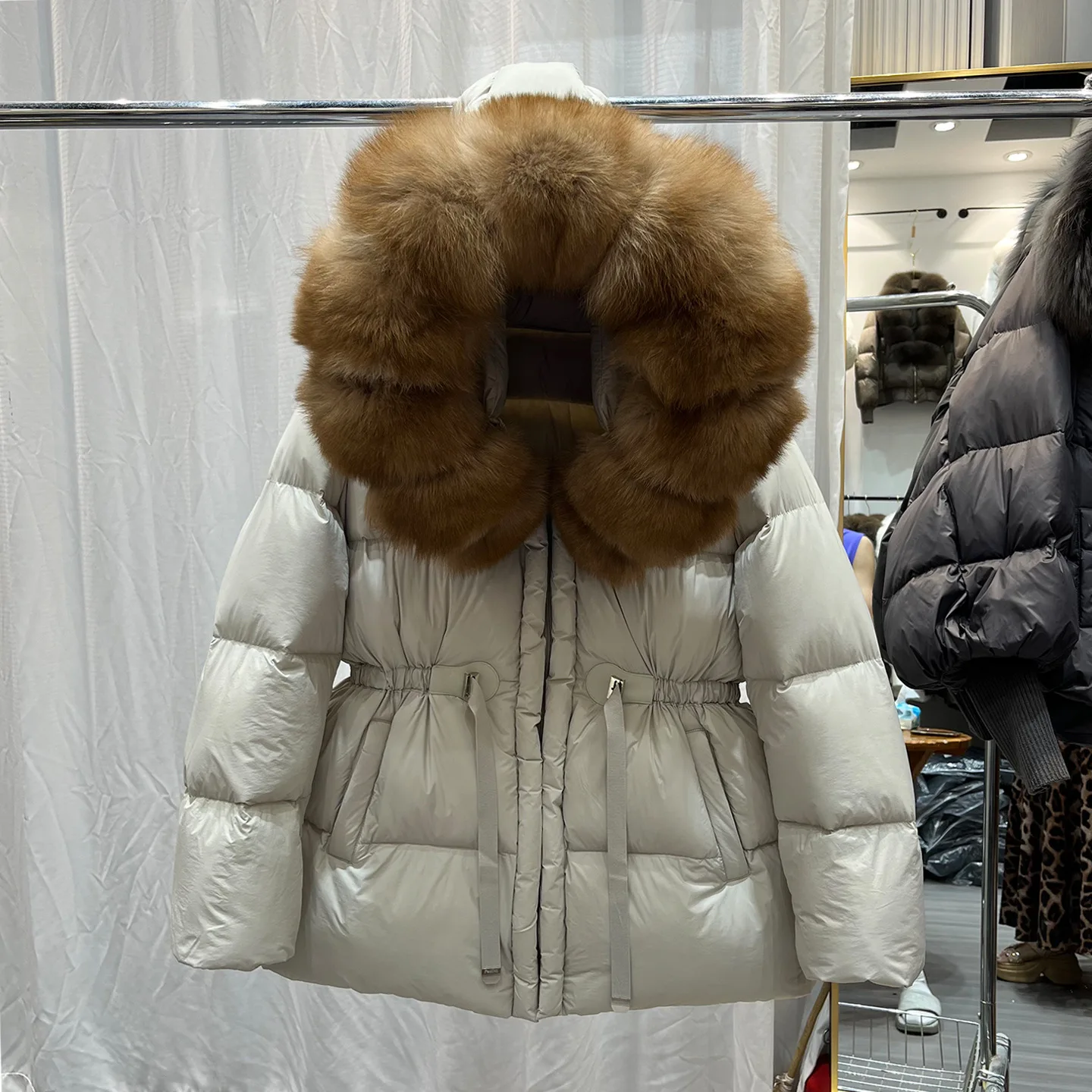 Winter Detachable Hooded Large Fur Collar Down Jacket Female Warm Drawstring Parker Jacket Women White Duck Down Thick Outwears