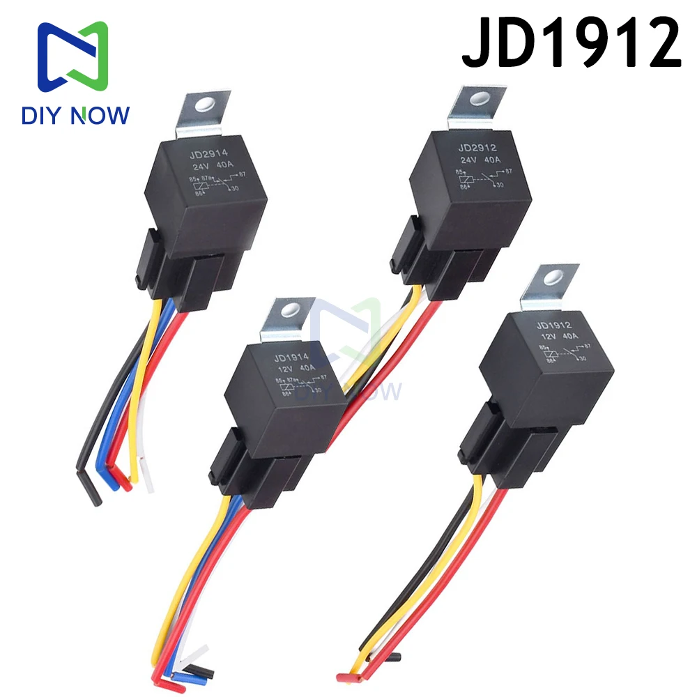 JD1912 Waterproof Auto Relay 12V 24V 5 Pin 40A Auto Relay with Black Red Copper Terminal Auto Relay Socket SPDT Harness Cable