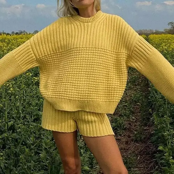 Suninheart 2024 Autumn and Winter Knitted Suit Sweet Solid Color Loose Sweater Sexy Slim Shorts Set