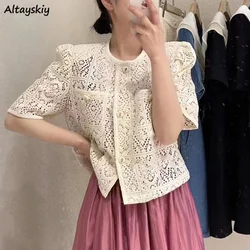 Shirt Women Lace Solid Minimalist Hollow Out Popular Leisure All-match Female Temperament  Tender Korean Style Summer New