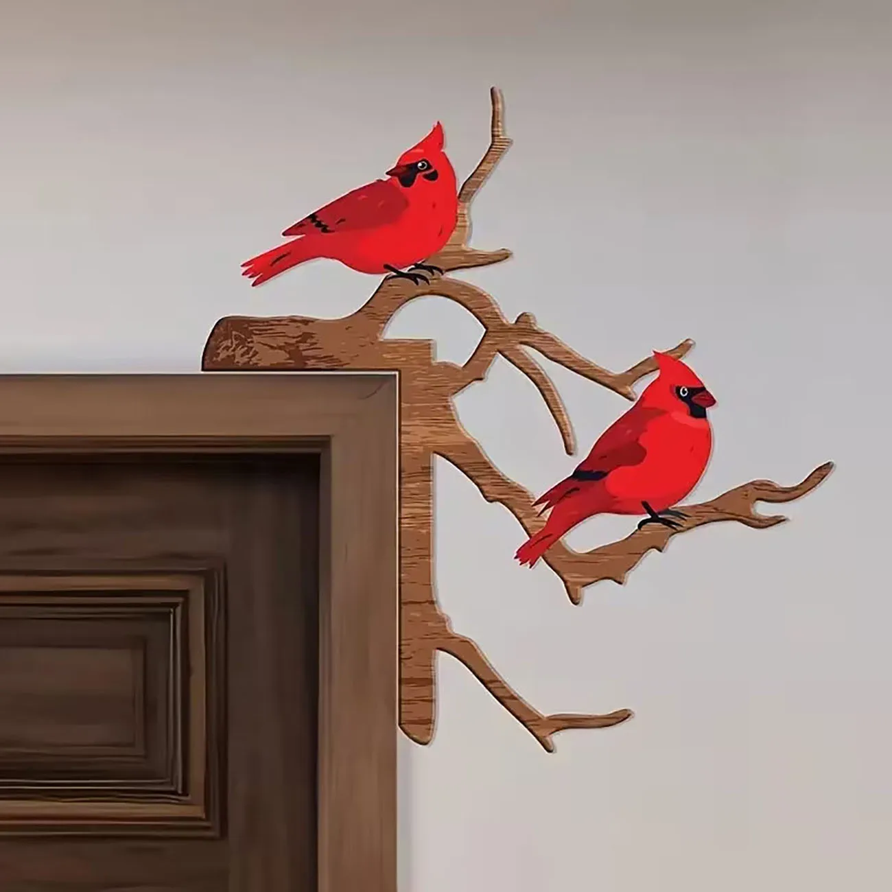 2Pc Wooden Door Corner Ornament Red Cardinal Birds on Branch Wood Cutout for Home Door Frame Decor