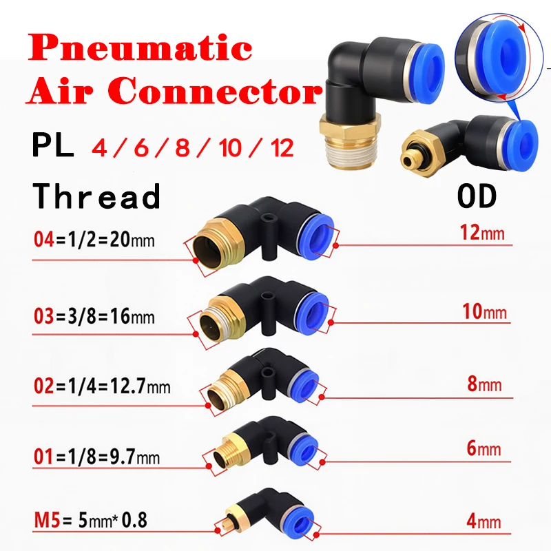 

20/50/100PCS PL Pneumatic Elbow Joint 4-12mm Hose OD 1/8" 1/4" 3/8" 1/2" External Thread Air Push Tube Fitting Parts Connector