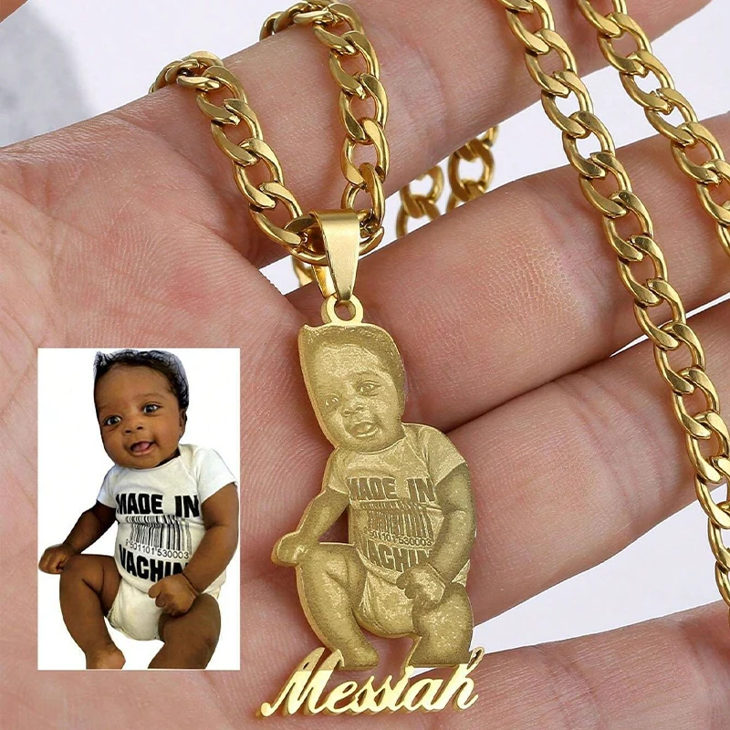 Customized Engraved Photo Necklace Stainless Steel Gold Adjustable Cuban Chain Personalized Pendant With Text Customize Gift