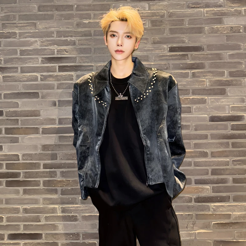 WTHT Fashion Men‘s Spliced Rivets Leather Design Coats Trendy 2025 Autumn High Street Long Sleeves Jackets Male 2A2135