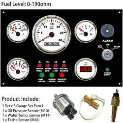 5 Gauge Set 12V 24V Engine Panel Instrument Assembly with 6K Tachometer Fuel Level Water Temp. Oil Pressure Voltmeter 300*190 mm