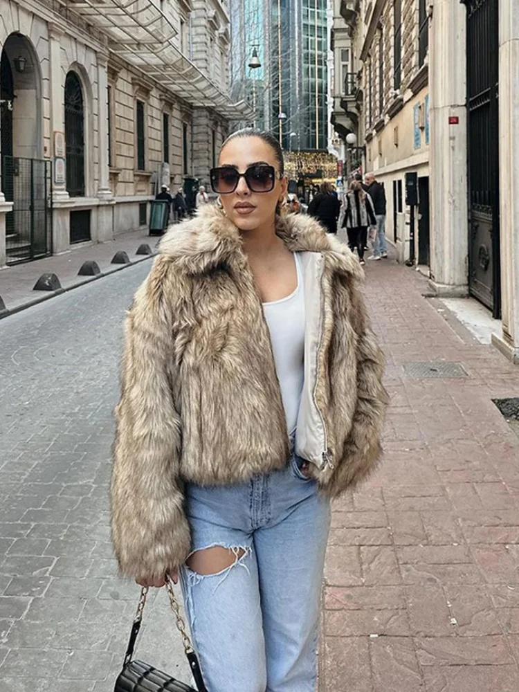 

Chic Lapel Thick Warm Fluffy Fur Coats For Women Elegant Zipper Long Sleeved Cropped Jackets 2024 Female Winter Thermal Outwear