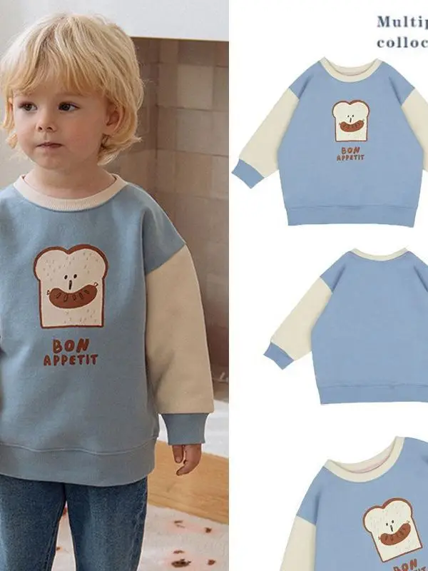 

Jenny&Dave 2023 Winter New Product Children's Nordic Edition Shirt, Children's Cartoon Cute Bread Print Pullover with Velvet Swe