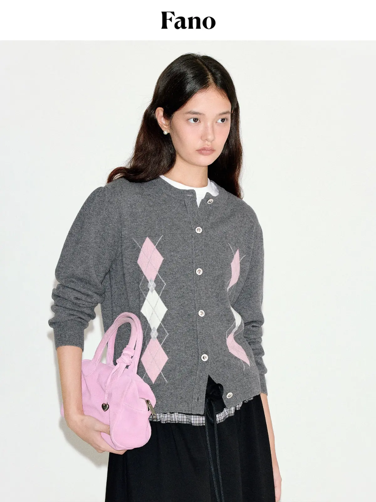 

Fano винтажный сладкий розовый и белый ромбовидный узор вязаный цвет Blo eep Leg Sve круглый открытый кардиган свитер