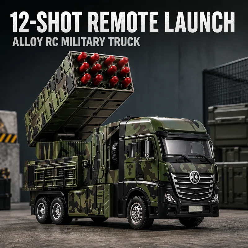 RC Alloy Military Truck 12-Shot Remote Launch Camouflage Launcher Vehicle Simulation Hobby Collection Model Toy