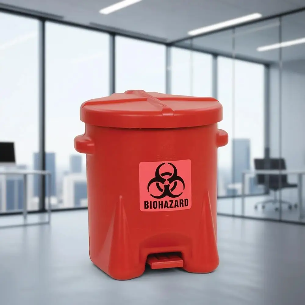 

6 Gallon Self-Closing Biohazard Waste Bin, 16.5 x 13.5 x 16, Made in USA, High-Density Polyethylene, Red