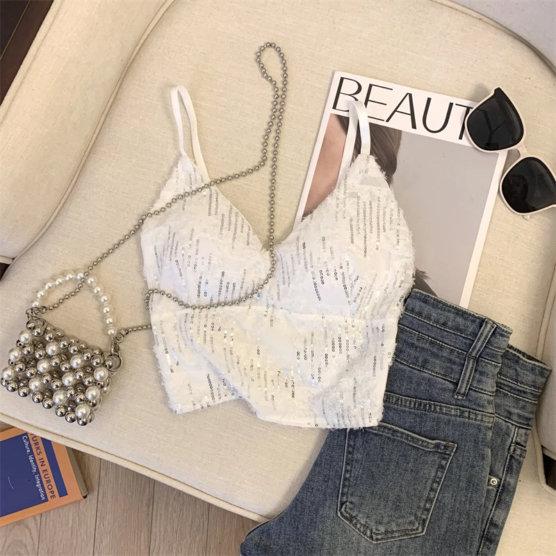Sexy elegante camisola coletes feminino lantejoulas colheita topos slings 2025 verão sem mangas profundo decote em v moda chique senhoras camisetas jumpers