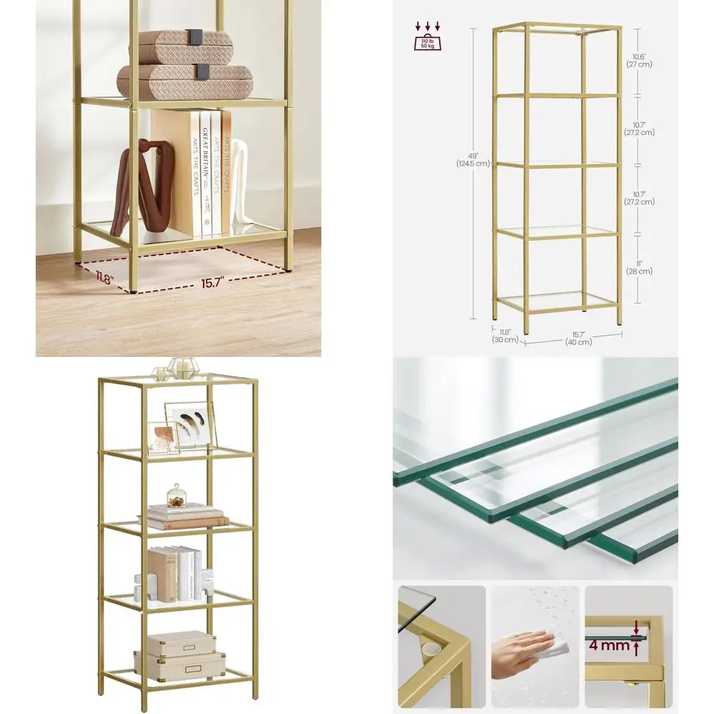 

5-Tier Tempered Glass Bookshelf, Slim Steel Frame Unit for Home, Office, Metallic Gold