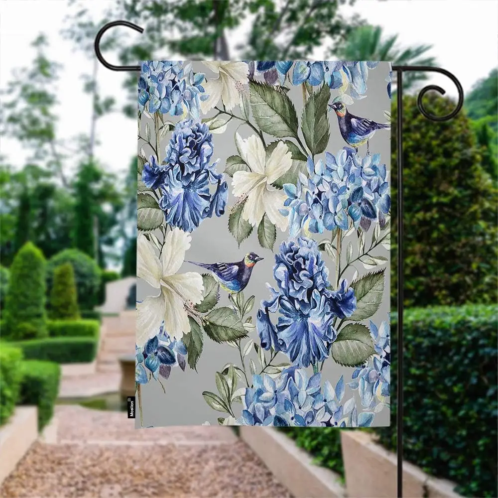 Moslion Floral Garden Flag Spring Plant Flowers Hydrangea Hibiscus Iris Bird Leaf Flags Double-Sided Banner Welcome Yard Flag Ou