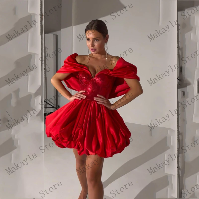 Vermelho bonito elegante vestidos de festa fora do ombro babados cetim vestido de baile curto mini comprimento vestidos de noite das mulheres feito