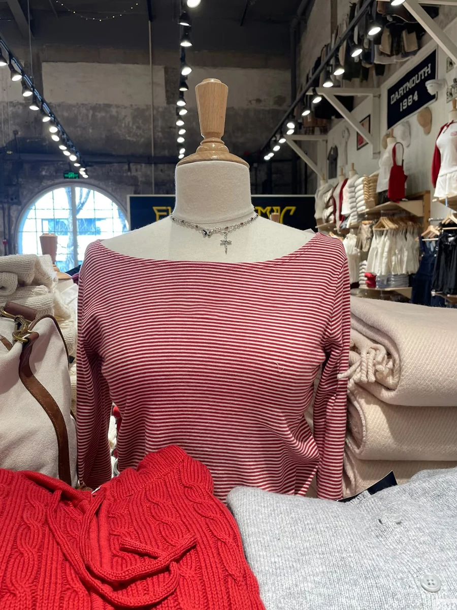 

Red Striped Cotton Long Sleeve T-shirt Women Autumn Raw Hem Slash Neck Thin Tee Shirt Preppy Style Sweet Casual Pullover Tee Top