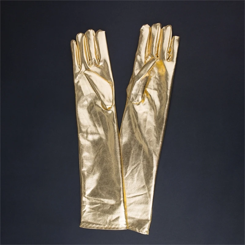 Women Wet Look Costume Long Gloves Faux Leather Metallic Gloves Dropship