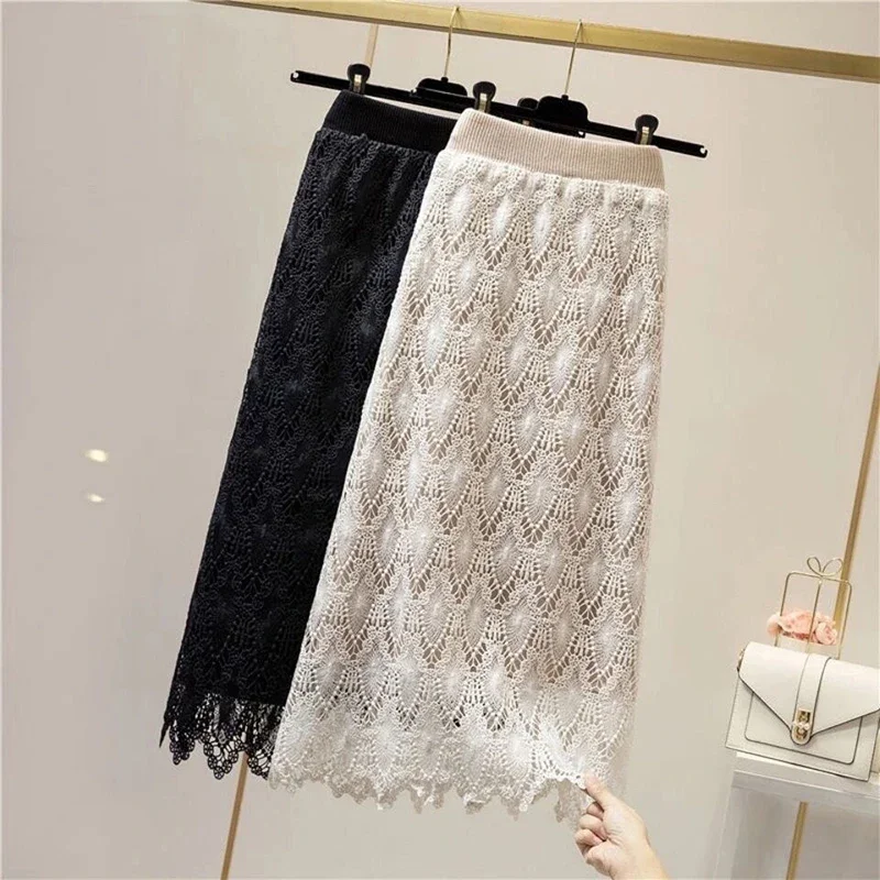 

MEXZT Vintage Knitted Midi Skirts Women Elegant High Waist Lace Sweater Wrap Skirt Winter Office Ladies Korean Black Slim Faldas