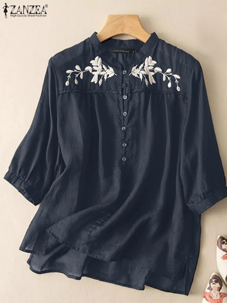 

ZANZEA, женские хлопковые рубашки, повседневные винтажные блузки с цветочной вышивкой и короткими рукавами, воротник-стойка, весна 202, однотонные блузки