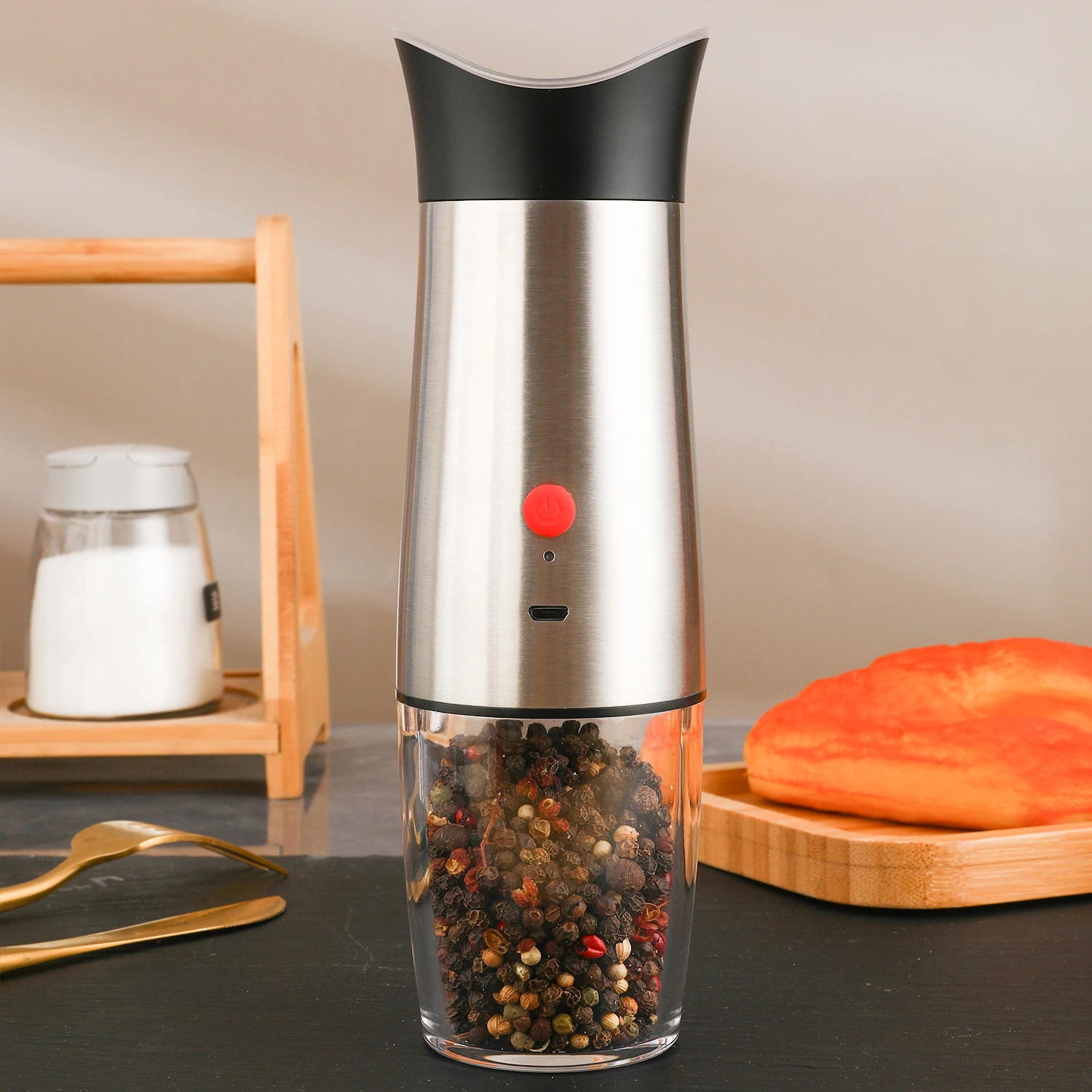 USB Charging Salt and Pepper Grinder Set Gravity Operation Spice Seasoning Mill Shaker Adjustable Coarseness Stainless Steel