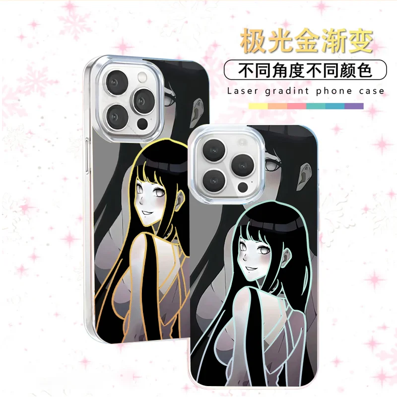 Funda de Teléfono 3D de Naruto con la Hermosa Esposa Hinata para iPhone 12 13 16 15 14 11 17 Pro Max Plus 17ProMax, Anime, Aurora, Láser, Cubierta Trasera