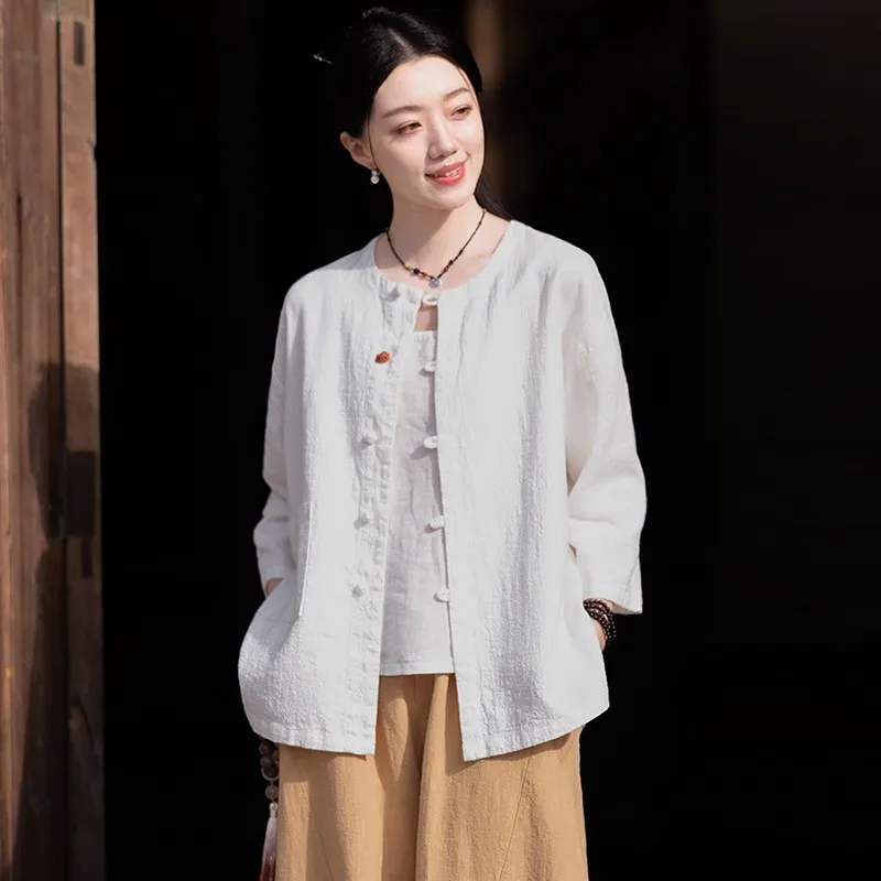 

Wenaiyi хлопково-льняная повседневная рубашка для женщин, Новое поступление 2024, винтажный стиль, с круглым вырезом, однотонные свободные женские базовые топы, рубашки T176