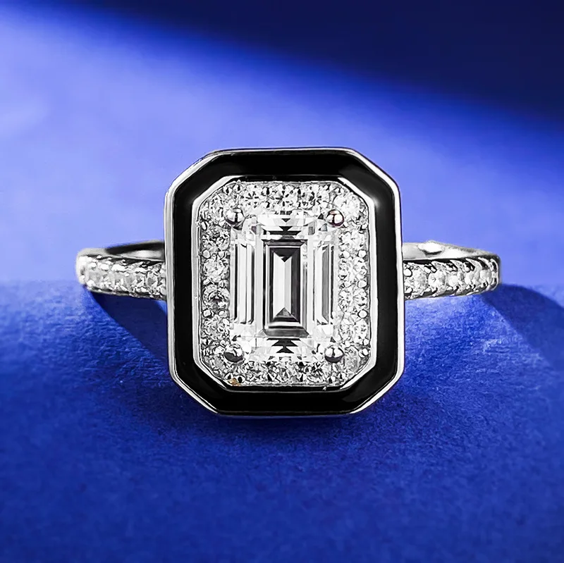 Luxury 100% 925 Sterling Silver 1CT 5*7MM Emerald Cut High Carbon Diamond Black Border Gemstone Ring for Women Man Party Jewelry