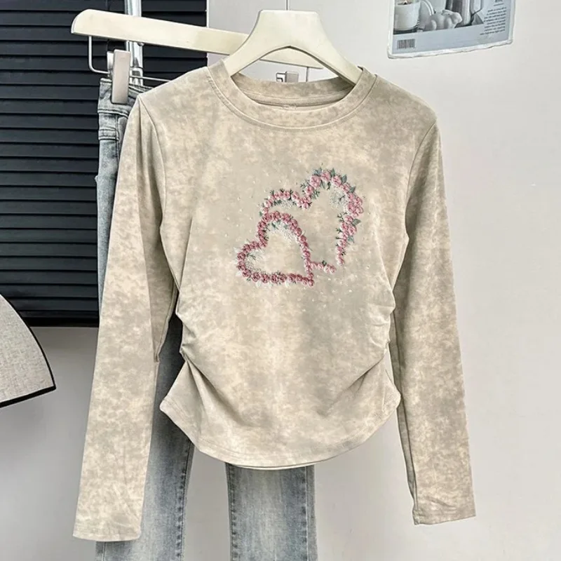 Women Tie Dye Ruched Long Sleeve T Shirt Spring Autumn Slim Fit Waist Cinched Short Base Top S-4XL