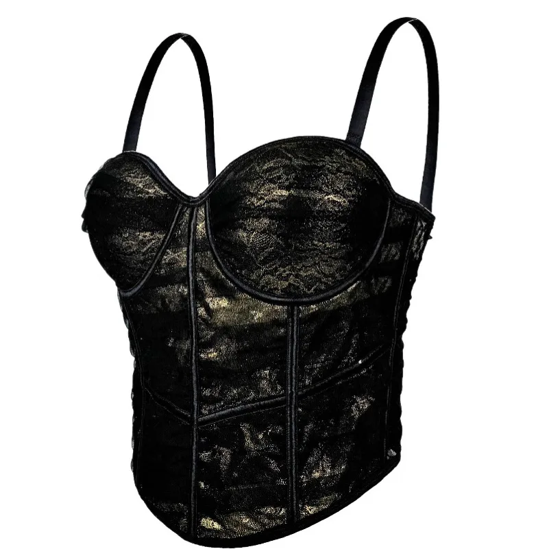 Underwire Corset Bustier Sexy Lace Waist Trainer with Removable Padding, Sheer Mesh Bustiers for Women 34B-40C Gold And Silver