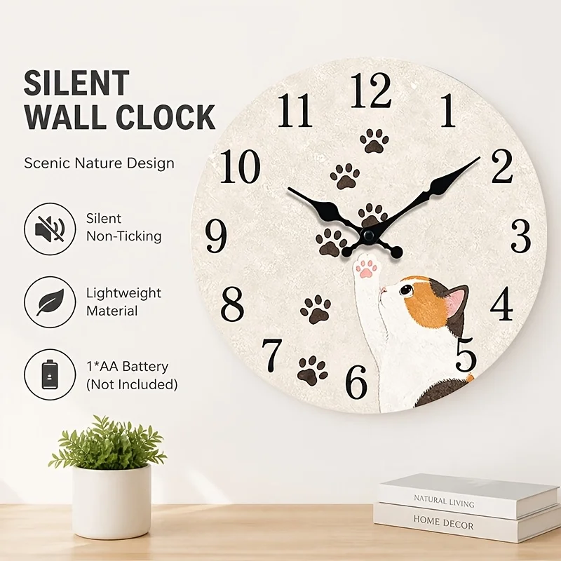 1pc, Vintage Distressed Base Color Calico Cat Raising Paw Silent Wall Clock, Round Quartz Clock with Deep and Light Two-tone