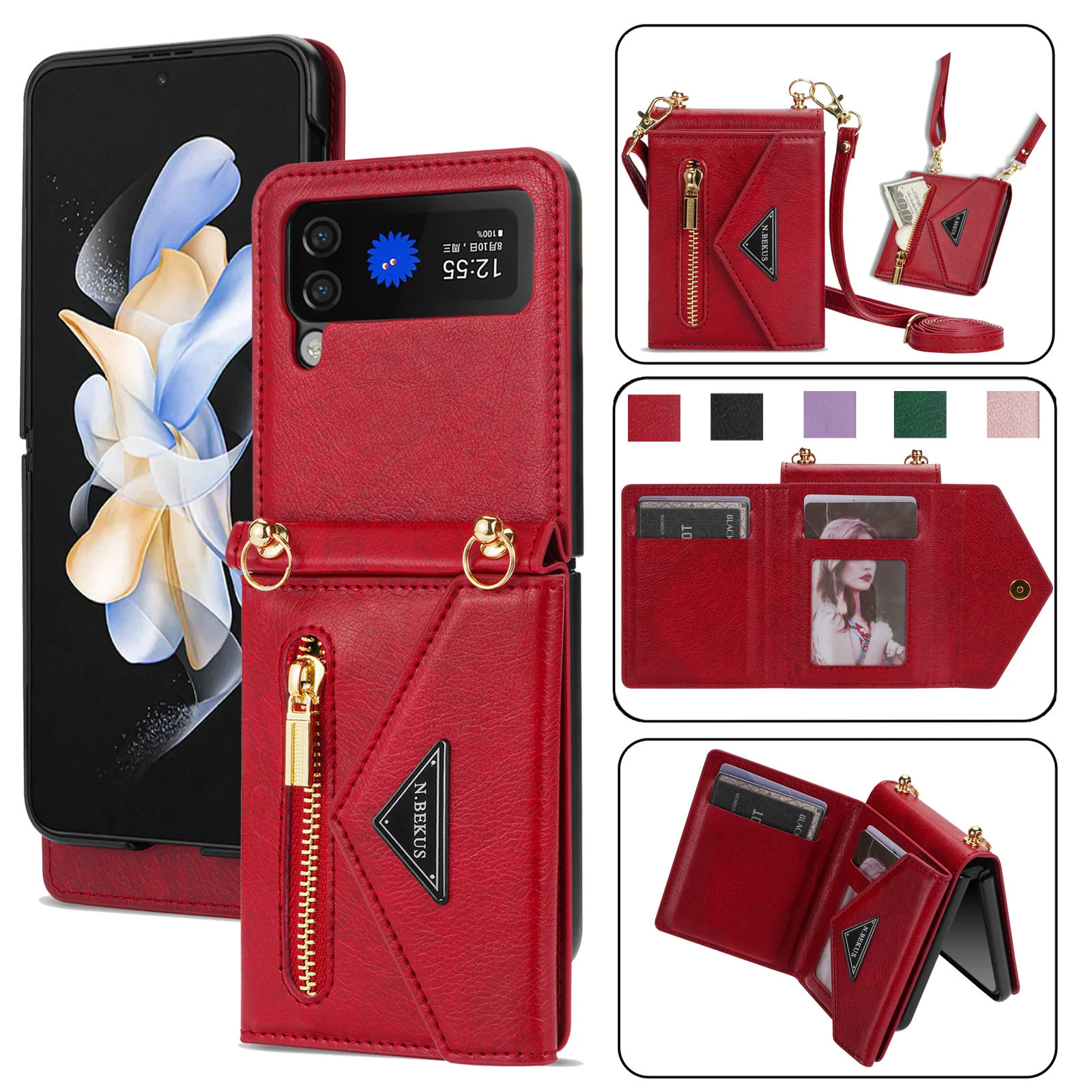 Crossbody Leather Wallet Phone Case for Samsung Galaxy Z Flip 6 5 4 3 5G Flip4 Flip5 Purse Cards Slot Holder Lanyard Strap Cover