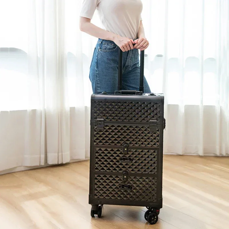 Large Aluminum Trolley Makeup Box Professional Cosmetic Luggage Case Nail Embroidery Suitcase Multi-layer Storage Tool Bag New
