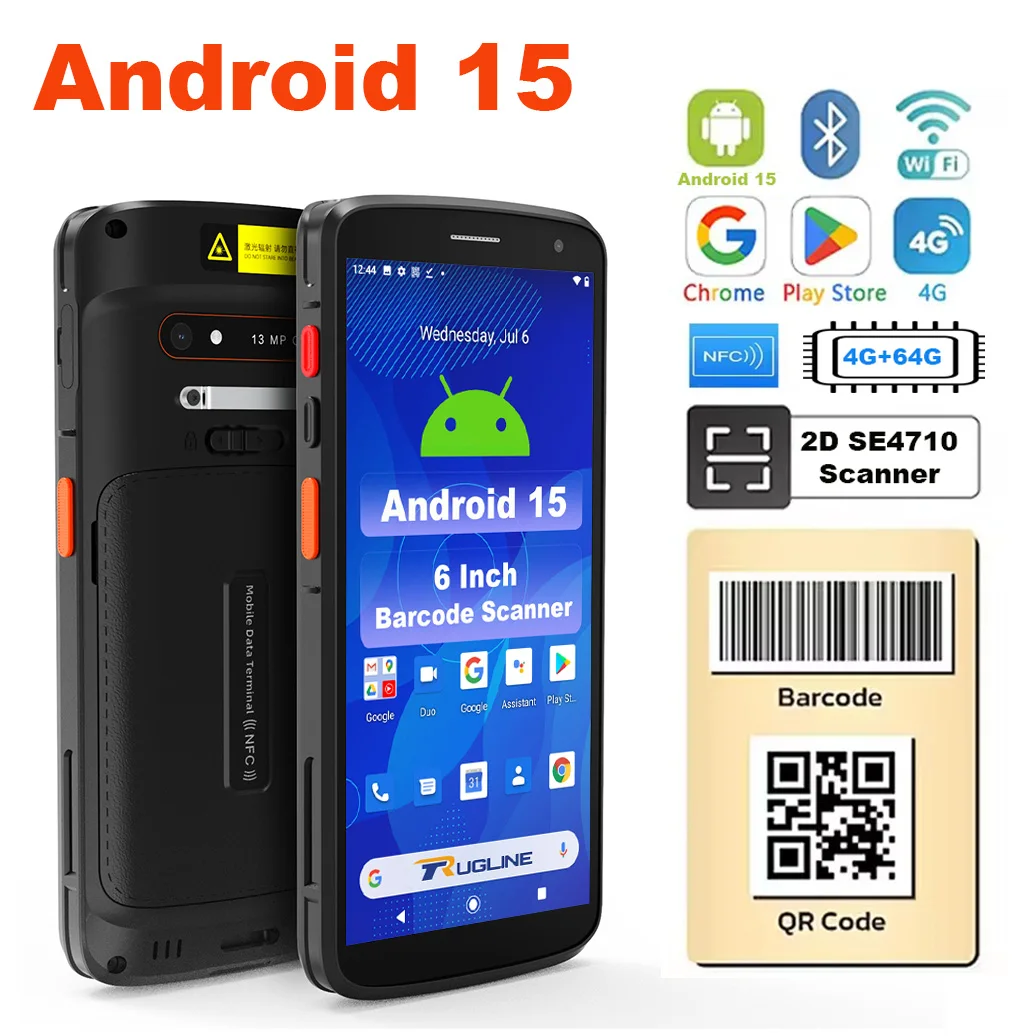 4G Rugged PDA Android 15 Handheld Terminal Portable Data Collector 1d Laser 2d Barcode Zebra 4710 Scanner WIFI 4GB+64GB Running