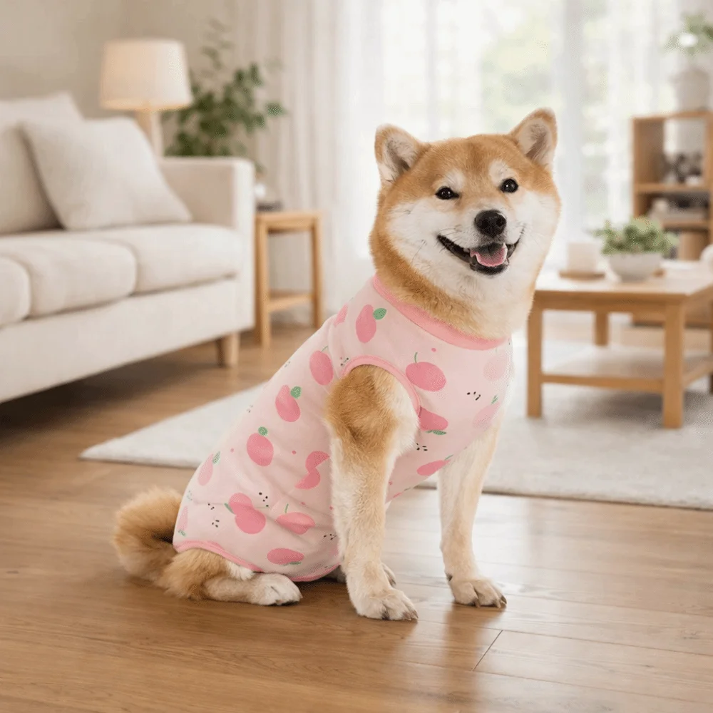 

Cotton Dog Recovery Suit Cartoon Animal Print Dog Jumpsuit Sleeveless Design Breathable Anti-Lick Dog Romper