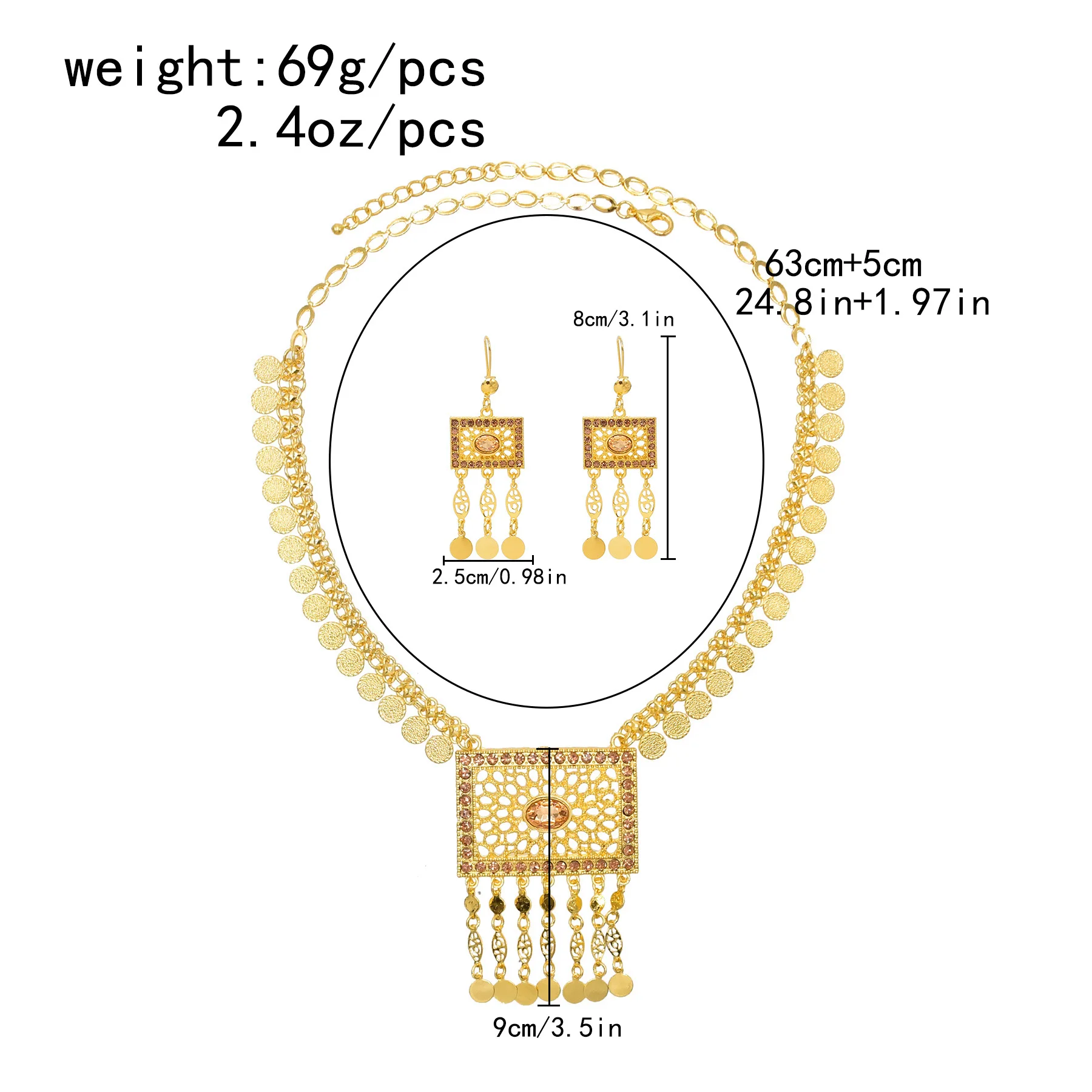 Naszyjnik wisiorek z kwadratowym kryształowym cekinowym frędzlem zestaw kolczyków dla kobiet tradycyjne arabskie stroje etniczne akcesoria do