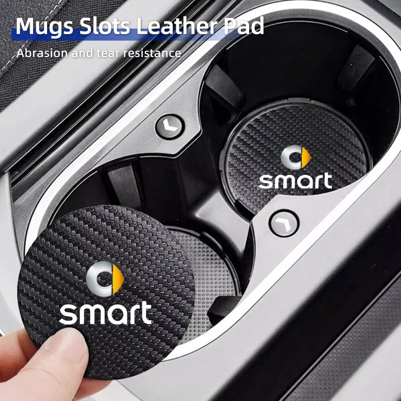 2Pcs Car Leather/Carbon Fiber Water Cup Coasters Anti-Slip Pads For Smart Fortwo 451 450 453 four EQ Cabrio Crossblade Coupe